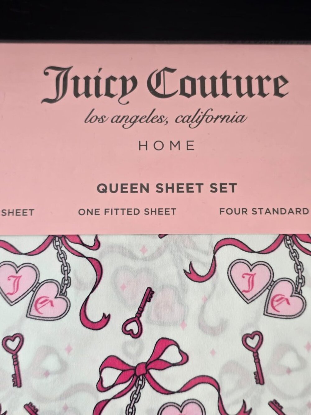 Juicy Couture Queen Sheet Set Pink Bow Print 6 Pc Bedding Set New - Picture 5 of 5